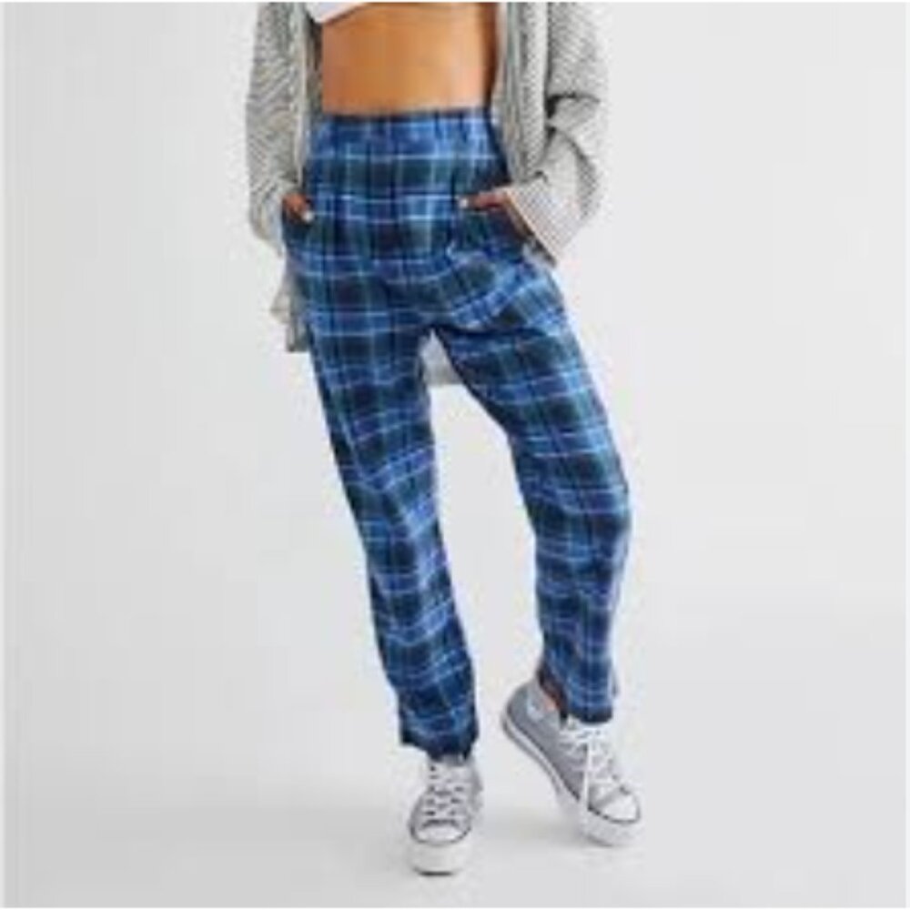 Pastiche Free People Plaid Flannel Straight Leg Pants Blue Size Small